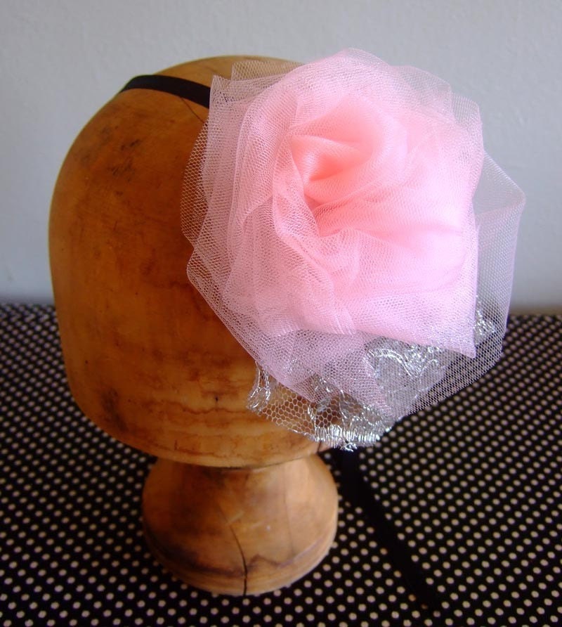 Pink Tulle Rose Headband with Vintage Lace