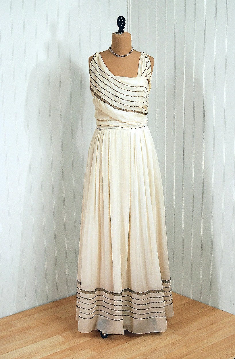 1930's Antique Vintage Worth Designer-Couture French Flapper Metallic Gold-Threaded and Ivory-White Sheer Silk-Crepe Asymmetric Grecian-Goddess Deco Fairy-Princess Draped Full-Length Bombshell Wedding Party Cocktail Evening Gown Dress