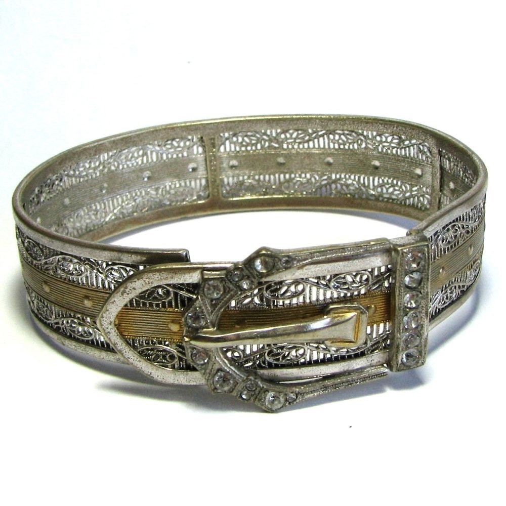 Art Deco  Filigree Buckle Bracelet - Symbol of Love Loyalty and Strength - Two  Toned Silver and Gold with Rhinestones - SIGNED - Made by JJ White in  1933