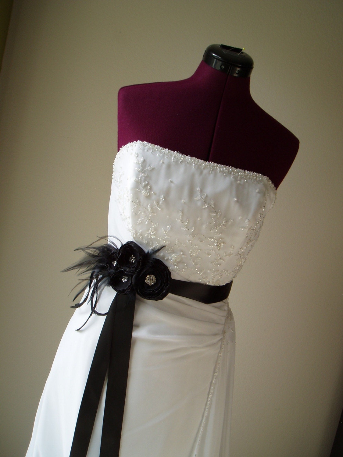 Black Dress Sash weegardens - Rhinestone, Feathers, Beads