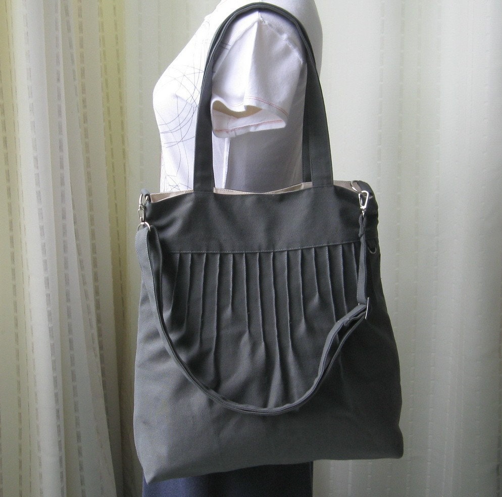 Grey Canvas Lines Bag with Handles and Adjustable Strap