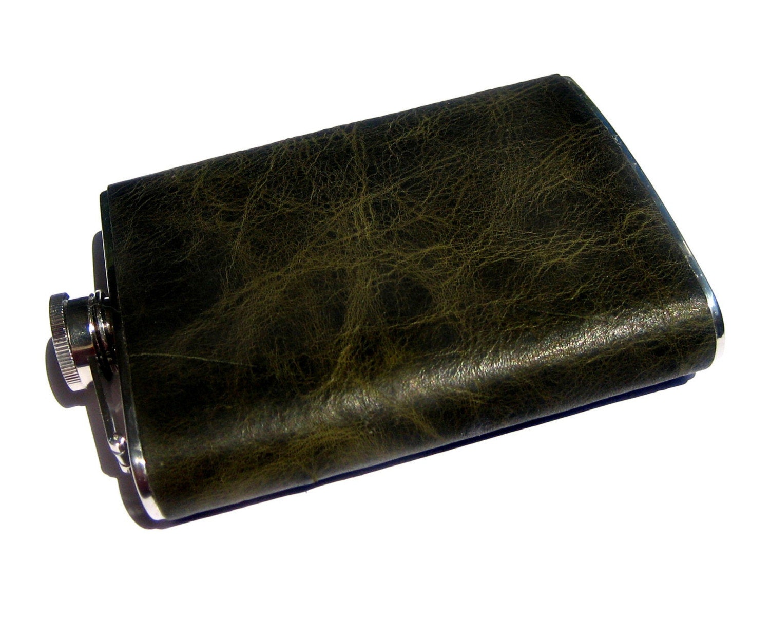 Moss Green Distressed Leather Stainless Steel Flask - 8oz
