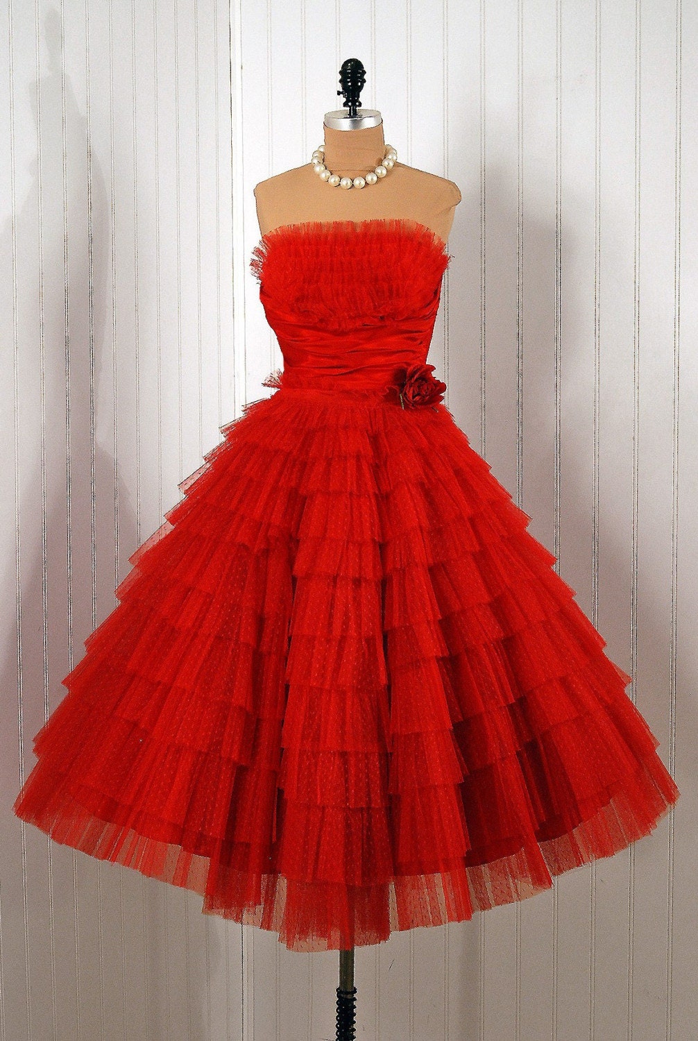 1950's Vintage Ruby-Red Strapless Shelf-Bust Tiered-Ruffle Tulle Rockabilly Party Dress