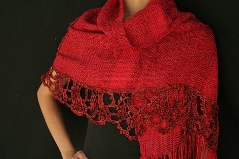 DEEP RED handwoven shawl / crochet point lace