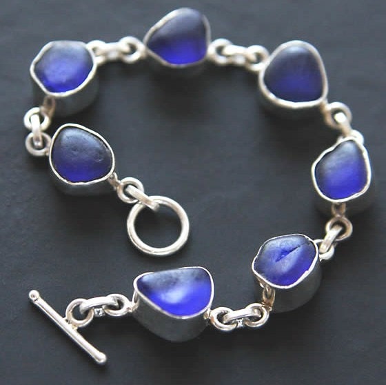 Genuine Sea Glass - Beachcombed Cobalt Blue Sterling Silver Bezel Bracelet