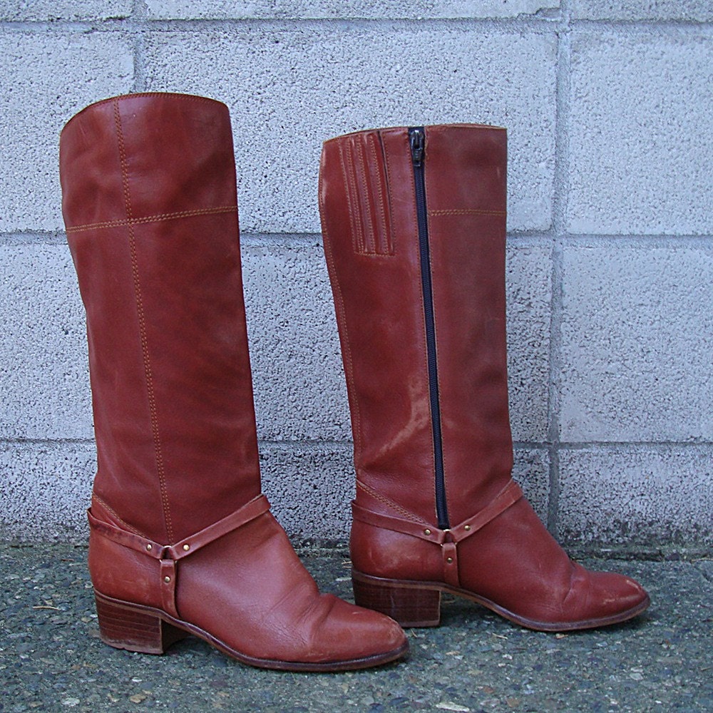Vintage 1970s Saddle Brown Campus Leather Riding Boots 7 1/2
