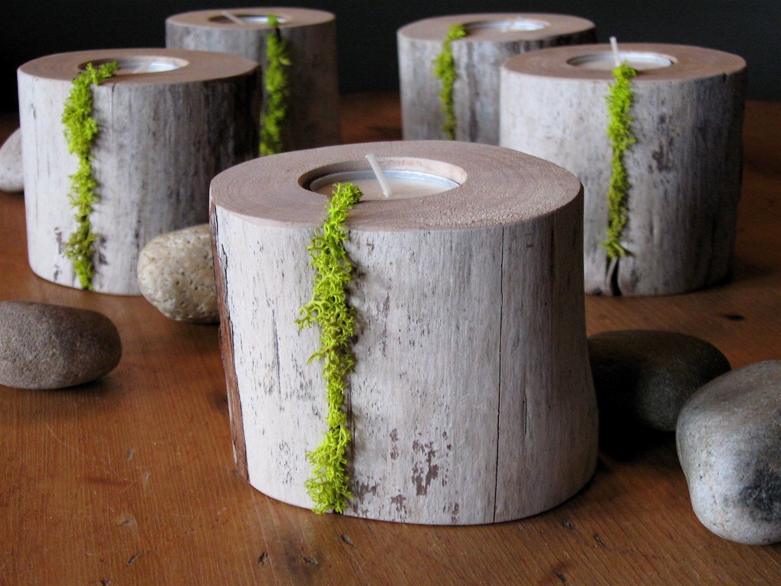 Set of 5 Driftwood and MOSS Candle holders for that organic home atmosphere. Give as gifts