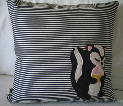 Mel the Skunk with Cupcake Black and White Striped Decorative Pillow Wool Felt Applique RESERVED FOR VANESSA