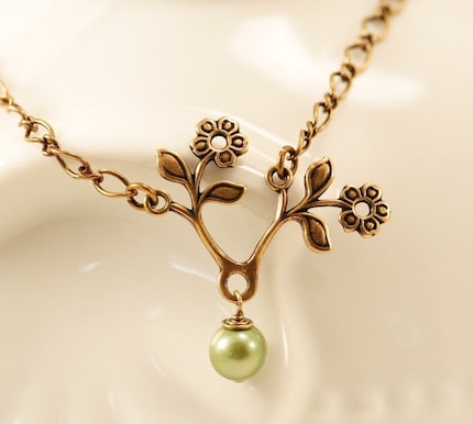 Green Tea Pearl Bloom Brass Necklace