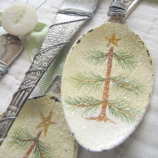 Vintage Recycled Repurposed Spoon Christmas Ornament Glittery Tree