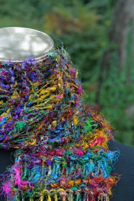 Hand Knit Recycled Sari Silk Random Drop Stitch Scarf by TJTDesign