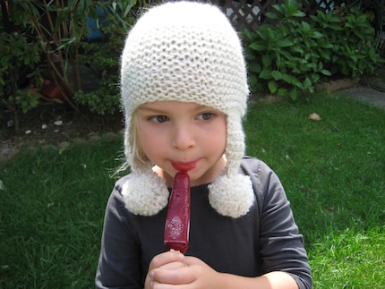 Pearl -  Baby Alpaca Hat in Ecru with Ears and Pom Poms