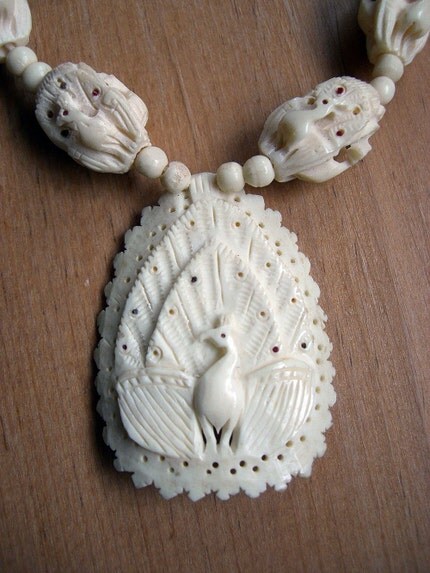 Vintage Carved Ivory Peacock Pendant Necklace