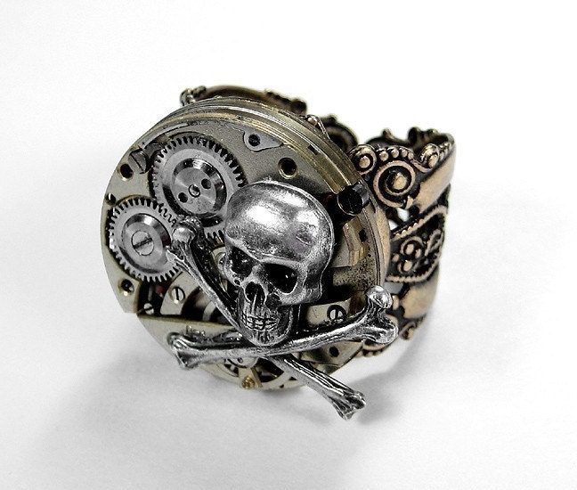 Steampunk Ring - BOLD CHAMPAGNE Segmented Vintage Watch Movement with SKULL and BONES  - UNIQUE GEAR WORK on Adjustable Brass Filigree Ring - MUST HAVE - MUST CHECK THIS OUT....EXCLUSIVELY Offered by edmdesigns