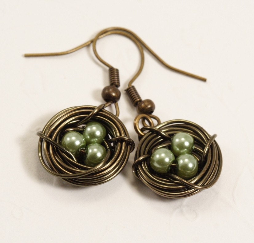Sage Green Birds Nest Earrings in Antique Brass