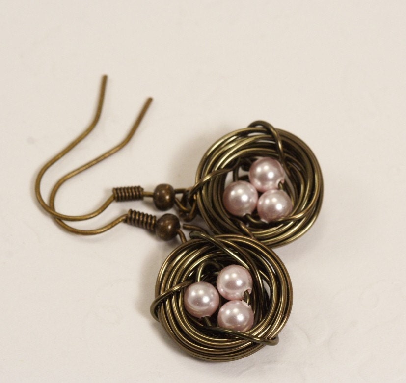 Pale Pink Birds Nest Earrings in Antique Brass