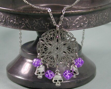 Purple Dice and Silver Skull Necklace