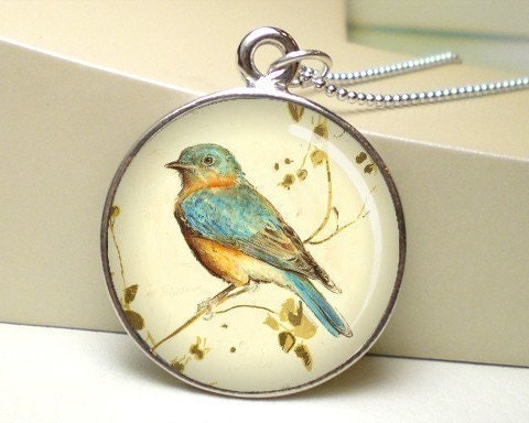 FREE CHAIN - Orange Blue Vintage Bird Photo Pendant