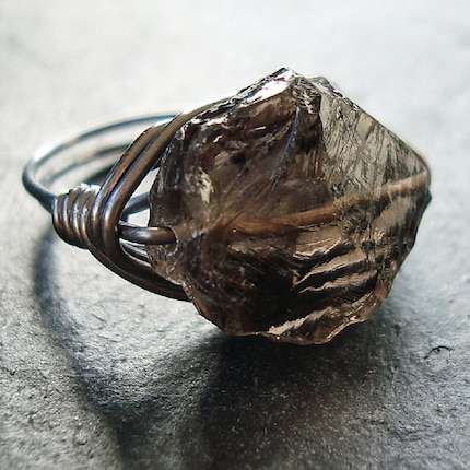Smoky Quartz Rough Oval Oxidized Sterling Silver Wire Wrapped Ring - Rustica