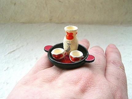 Kawaii Cute Japanese Ring - Monkey Sake Bottle And Cups