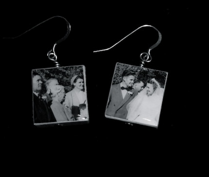 Vintage Wedding Photo Bride and Groom Scrabble Tile Earrings