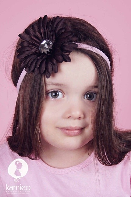 Boutique Dark Chocolate Brown Gerber Daisy Flower Headband - with Mega Bling Center - On a Skinny Pink Stretchy Band