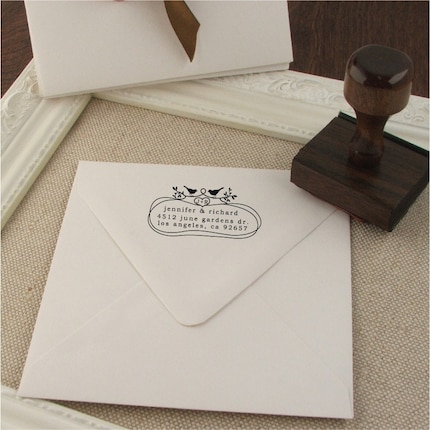 Custom Wood Handle Address Stamp Organic Loops Two Birds In Love -1029