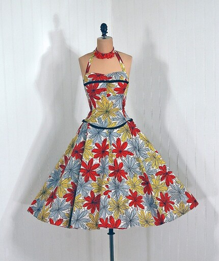 Reserved for Harlow 1950's Vintage Colorful Atomic-Floral Print Novelty Designer-Couture Sweetheart Shelf-Bust Halter Rockabilly Nipped-Waist Bombshell Circle-Skirt Wedding Garden Party Cocktail Cotton Sun Dress