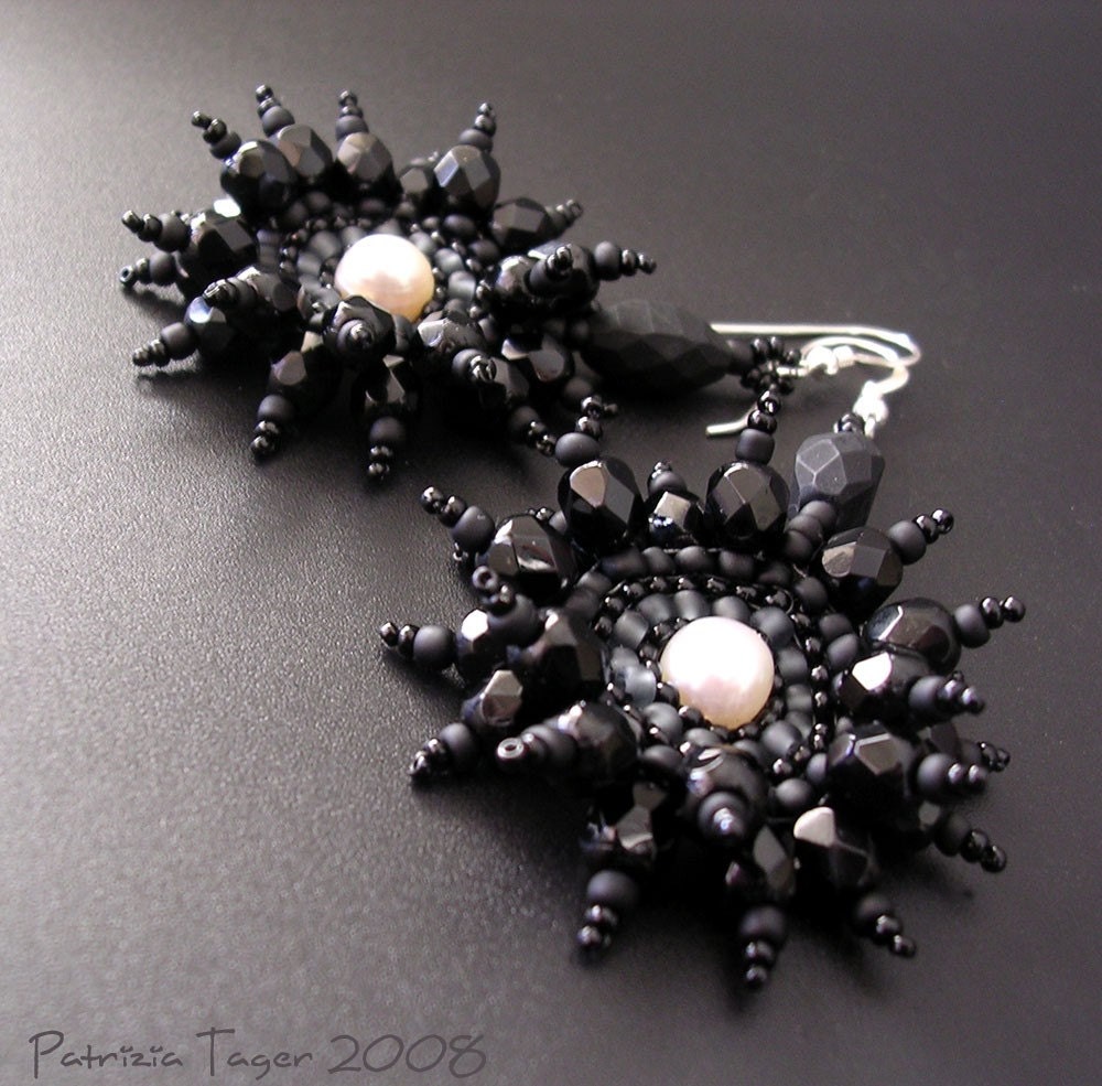 Black and Pearl Blossom Earrings
