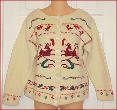 SALE Hand Knit CHRISTMAS SWEATER Vintage Ski Cardigan Deer Hearts Birds Red Green Cream Medium Large M L