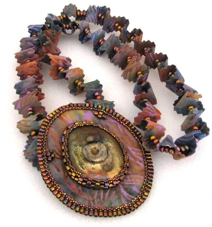 Youthful Fancy Necklace with Raku Focal and Bead Embroidery (2337)