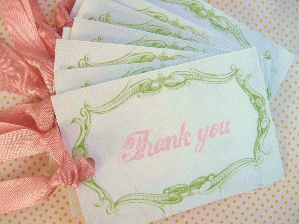 Set of 6..THANK YOU...Hang Tags..Note Card..Gift...Journal...Note.PINK GREEN...Spring.....Birthday..Wedding....Mother's Day..Birthday...Holiday.Shabby French Chic