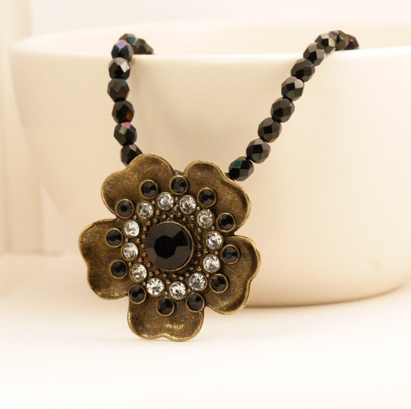 Black Blossom Brass Jeweled Necklace