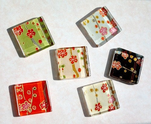 Chiyogami Plum Blossoms Glass Tiles Magnets