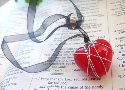 Prisoner of Love Ribbon Necklace.....large red glass lampwork bead,silver wire,black ribbon