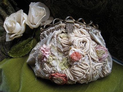 1920s silk lame ribbon purse with rhinestone handle Wedding