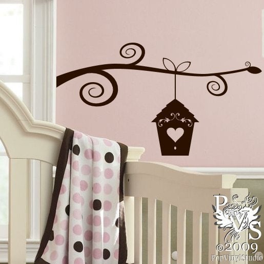 Swirly Branch with Birdhouse Whimsical Wall Design Decal Sticker You Choose Color FREE US SHIPPING