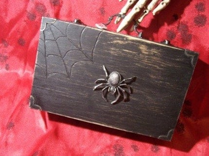 Wood Spider Purse/ Aged black  box purse with wood burned web / Steampunk victorian vampire