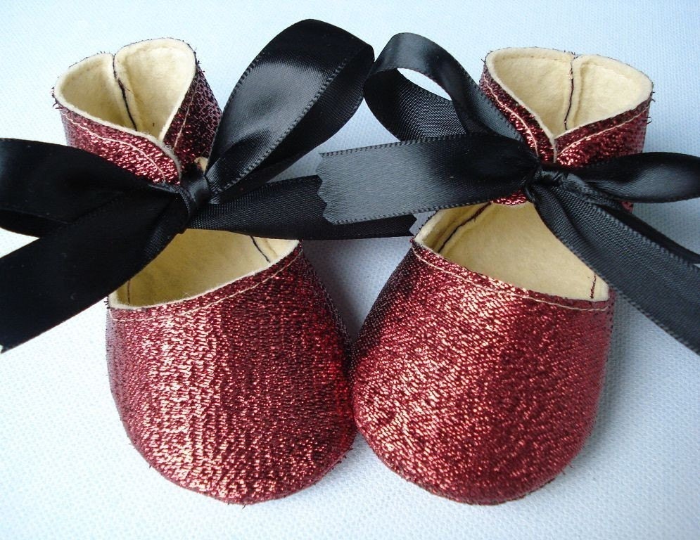 Ruby Red Glitter Slippers with Black Satin Ribbon Ties