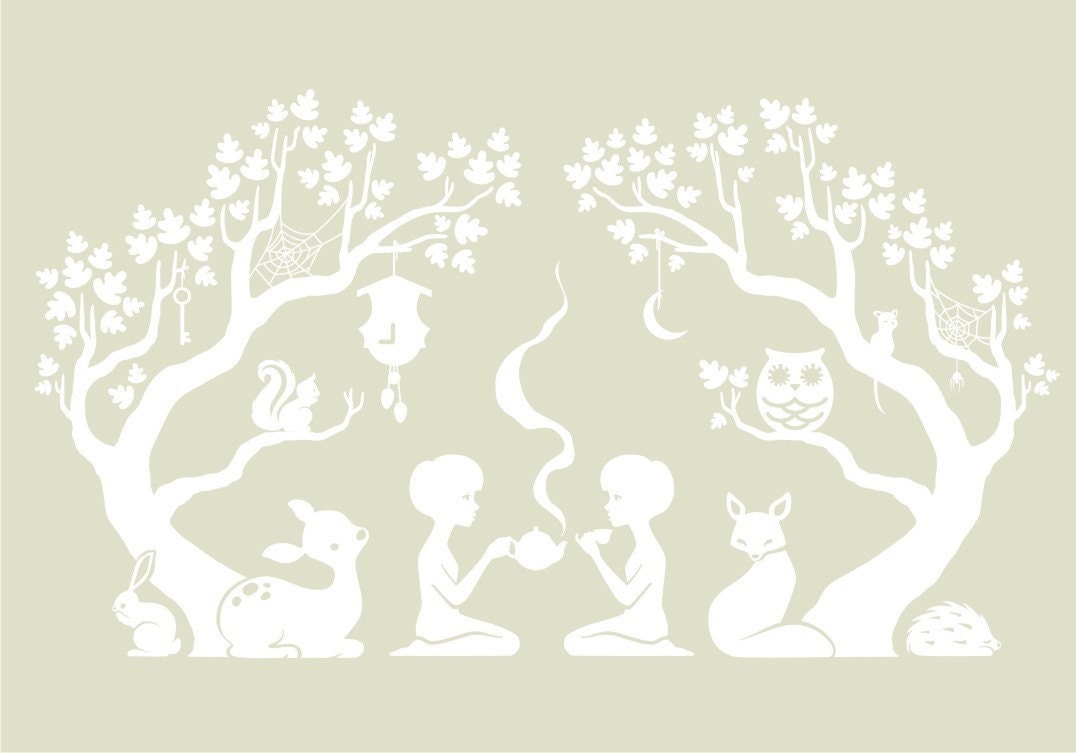 Fairytale Forest Scene White Vinyl Wall Decal large size 18x32 inches