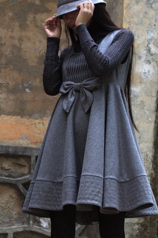 grey woolen empire waist wide flare dress