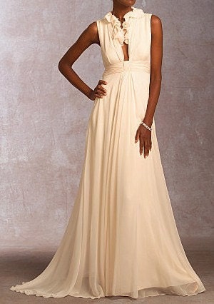 Floor Length Silk Chiffon Bridal Gown with Ruffled Bodice Detailing- Made to Order in Sizes 6-16