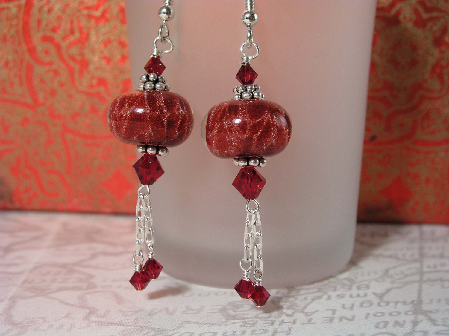 GALLAXY..Artisan Lampwork Beads, Sterling Silver Chain, Bali, Swarovski Crystals, and Sterling Silver Earrings