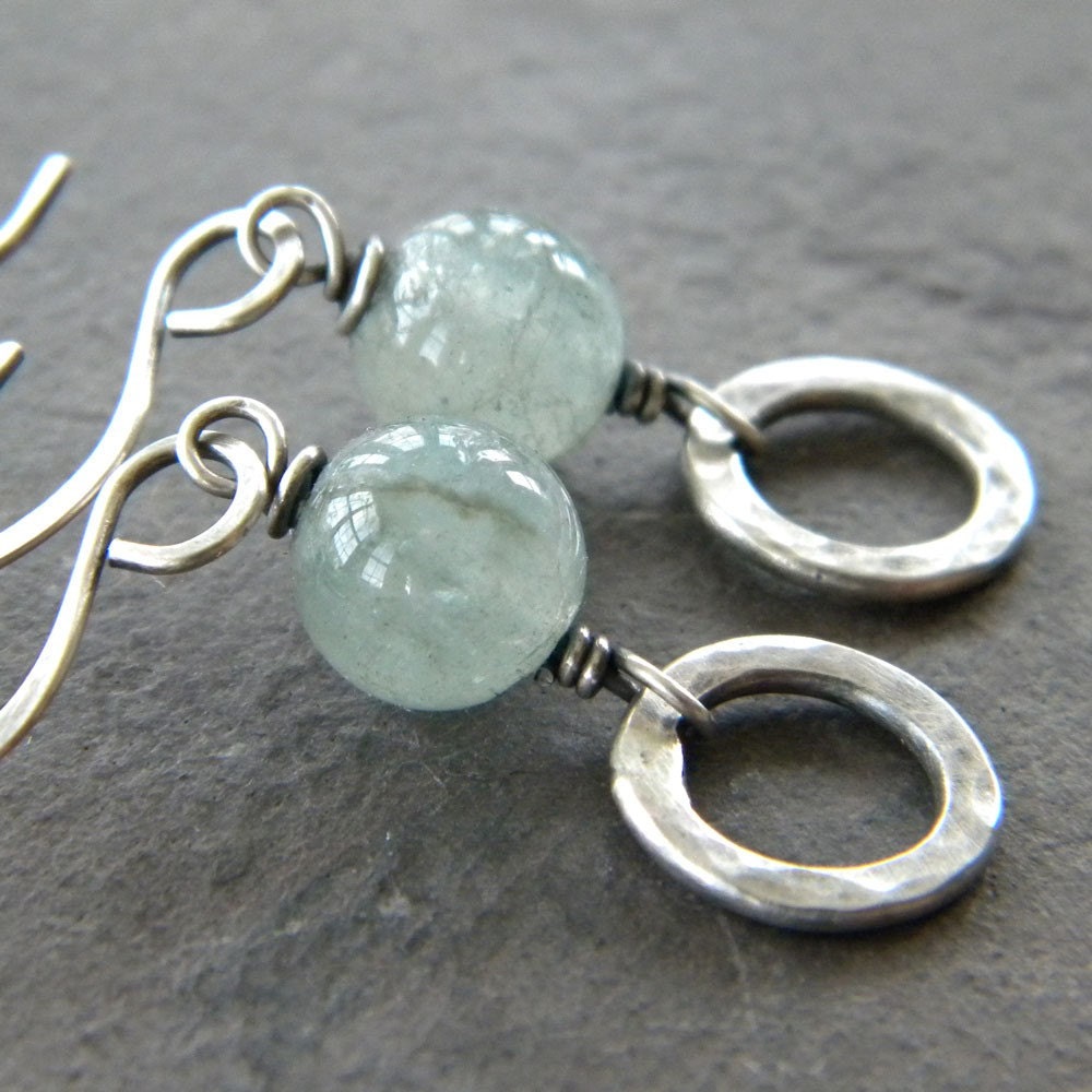 Natural Aquamarine -  Antiqued Sterling Silver Ring Earrings