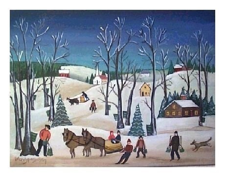 MAPLE SUGARING Vermont Winter Landscape SIGNED ART PRINT Naive SNOWY WOODS HORSES
