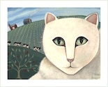 WHITE CAT on THE FARM Cows Barn SIGNED PAINTING PRINT Wendy Presseisen CAT ART
