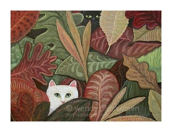 CATS HIDING Black Cat White Cat hiding in the Leaves TAPESTRY ART PRINT  Signed Folk Art Kitty Poster