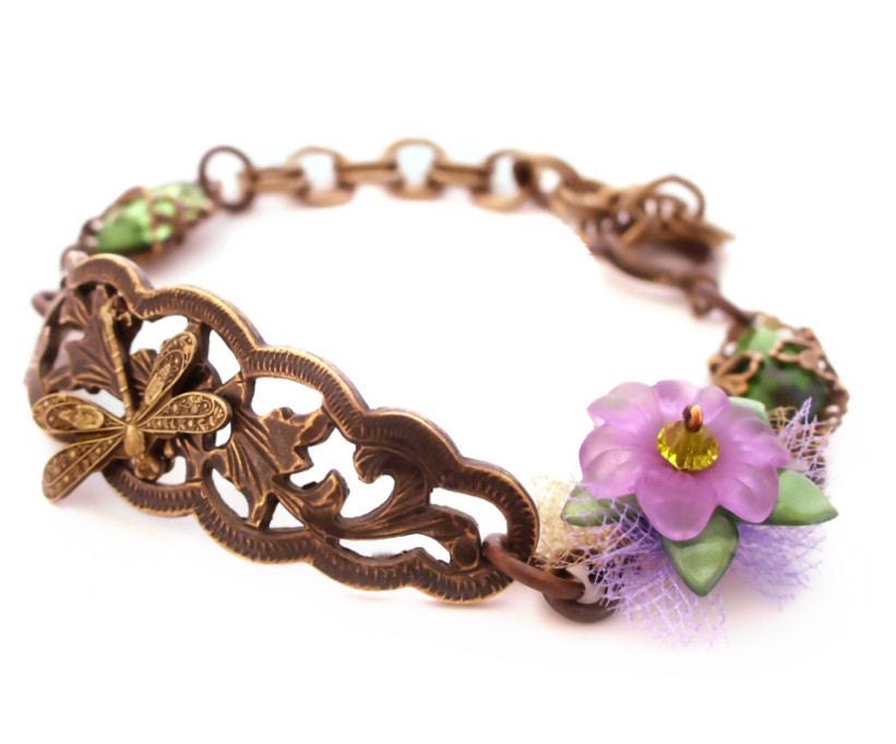 Dragonfly Garden Bracelet - Flower Blossoms Bracelet by Vintage Filigree Jewels