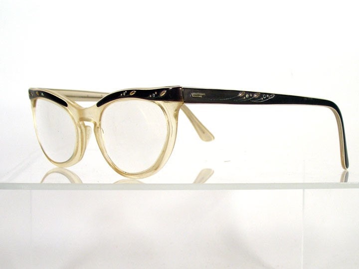Vintage 1950s SHURON Clear Brown Cat Eye Frames with Rhinestones