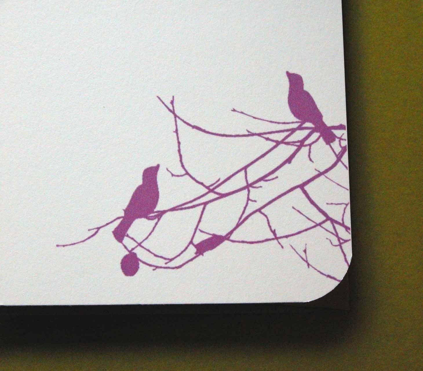 Set of 10 personalized flat notes- Birds on Branches Motif in Fuchsia with Navy Text